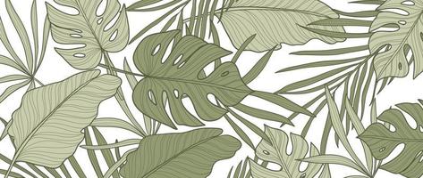 Botanical foliage line art background vector illustration. Tropical monstera, palm leaves drawing contour pattern background. Design for wallpaper, home decor, packaging, print, poster, cover, banner.