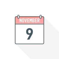 9th November calendar icon. November 9 calendar Date Month icon vector illustrator