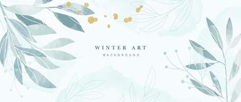 Winter botanical watercolor leaf branches background vector illustration. Hand painted watercolor winter wild foliage and gold brush texture. Design for poster, wallpaper, banner, card, decoration.