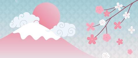Japanese background vector illustration. Happy new year decoration template in pastel japanese pattern style with fuji mountain, moon, cloud and cherry blossom. Design for wallpaper, poster, banner.