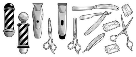 Barbershop equipments in vintage retro style vector set. Collection of hand drawn barber scissors, hair clippers, blade razor, barbershop pole. Design for logo, sticker, print, decoration, tattoo.