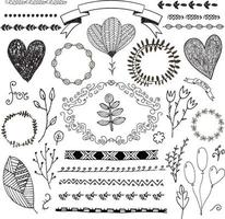 Vector hand drawn doodle romantic set. Linear illustration - flowers, wreaths, deviders, frames, leaves. Use for decoration, wedding invitations, birthday cards packaging etc