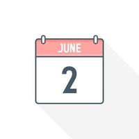 2nd June calendar icon. June 2 calendar Date Month icon vector illustrator