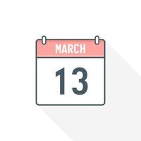 13th March calendar icon. March 13 calendar Date Month icon vector illustrator