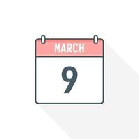 9th March calendar icon. March 9 calendar Date Month icon vector illustrator