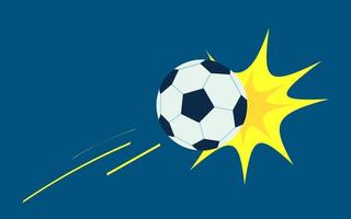 gol de fútbol, concepto de victoria. pateó la pelota volando y golpeando la portería con fuerza. imagen dinámica de dibujos animados de arte pop aislada en fondo azul, con espacio de copia vector