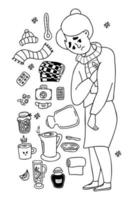 Collection illness elderly man. Sick pensioner old woman with thermometer and pills, scarf, hat, blanket, jam, kettle and hot tea, mulled wine, heating pad. Isolated vector line doodles