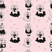 patrón sin costuras para mascotas románticas. lindos perros enamorados con corazones sobre fondo rosa claro. ilustración vectorial en estilo garabato. antecedentes interminables para San Valentín, fondos de pantalla, embalaje, impresión. vector