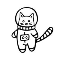 Doodle of cat astronaut isolated on white background. Hand drawn vector illustration of cute space pet for kids design and coloring book.