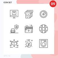 Mobile Interface Outline Set of 9 Pictograms of player cinema badge security car Editable Vector Design Elements