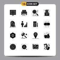 Pack of 16 Modern Solid Glyphs Signs and Symbols for Web Print Media such as camera search document out magnifier Editable Vector Design Elements