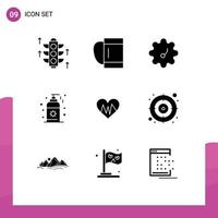 Set of 9 Commercial Solid Glyphs pack for target arrow beach pulse heart Editable Vector Design Elements