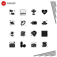 Pack of 16 Modern Solid Glyphs Signs and Symbols for Web Print Media such as like heart media plaster training Editable Vector Design Elements