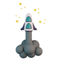 rakete, die mit rauch und sternen 3d-illustration in den himmel steigt png