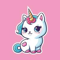 dibujos animados de gato kawaii en vector de unicornio en arco iris animal lindo color pastel dibujado a mano aislado en un fondo rosa cuento de hadas pony caballo perfecto para niños etiqueta de tarjeta de felicitación y vector más limpio