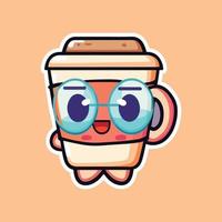 coffee cups With Eyes and Eyeglass on. Cup and glass with faces. Logo, icon, coffee shop, menu design templates. Cute cartoon style characters. Three hand drawn isolated Vector illustrations