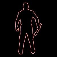 Neon man with sword machete Cold weapons in hand military man Soldier Serviceman in positions Hunter with knife Fight poses Strong defender Warrior concept Weaponry Stand View from rear Terrible and vector