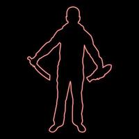 Neon man with sword machete remove sheath scabbard Cold weapons in hand military man Soldier Serviceman in positions Hunter with knife Fight poses Strong defender Warrior concept Weaponry Stand red vector