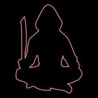 Neon man with sword machete Cold weapons in hand military man Soldier Serviceman in positions Hunter with knife Fight poses Strong defender Warrior concept Weaponry Lotus Pose red color vector