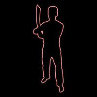 Neon man with sword machete Cold weapons in hand military man Soldier Serviceman in positions Hunter with knife Fight poses Strong defender Warrior concept Weaponry Stand red color vector