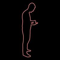 Neon man holding smartphone phone Playing tablet Male using communication tool Idea looking phone addiction Concept dependency from modern technologies red color vector illustration image flat style