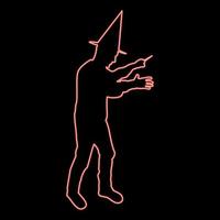 Neon wizard holds magic wand trick Waving Sorcery concept Magician Sorcerer Fantasy person Warlock man in robe with magical stick Witchcraft in hat mantle Mage conjure Mystery idea Enchantment red vector