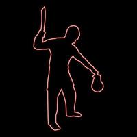 Neon man with sword machete Cold weapons in hand military man Soldier Serviceman in positions Hunter with knife Fight poses Strong defender Warrior concept Weaponry Stand holding thing red color vector