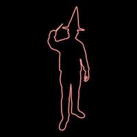 Neon wizard holds magic wand trick Waving Sorcery concept Magician Sorcerer Fantasy person Warlock man in robe with magical stick Witchcraft in hat mantle Mage conjure Mystery idea Enchantment red vector