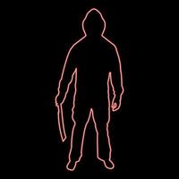 Neon man with sword machete Cold weapons in hand military man Soldier Serviceman in positions Hunter with knife Fight poses Strong defender Warrior concept Weaponry Stand red color vector