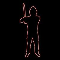 Neon man with sword machete Cold weapons in hand military man Soldier Serviceman in positions Hunter with knife Fight poses Strong defender Warrior concept Weaponry Stand red color vector