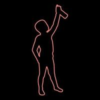 Neon boy using water sprayed in up Small kid watering garden using hand sprinkler Holding arm special comb red color vector illustration image flat style