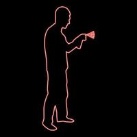 Neon man using water sprayed in up Male watering garden using hand sprinkler Holding arm special comb red color vector illustration image flat style