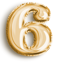 Number 6 metallic gold number balloon. Airfoil filled number illustration isolated on transparent background. Design element for festive party decoration png