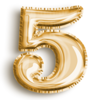 balão de número de ouro metálico número 5. aerofólio preenchido número ilustração isolada em fundo transparente. elemento de design para decoração de festa festiva png