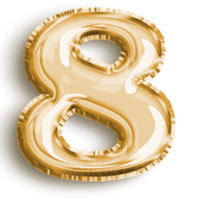 Number 8 metallic gold number balloon. Airfoil filled number illustration isolated on transparent background. Design element for festive party decoration png