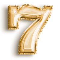 Number 7 metallic gold number balloon. Airfoil filled number illustration isolated on transparent background. Design element for festive party decoration png