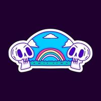 Skull head with rainbow landscape cartoon, illustration for t-shirt, sticker, or apparel merchandise. With modern pop and vintage style. vector