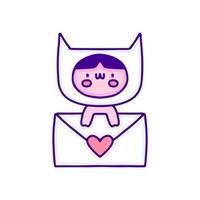 Sweet baby in cat costume holding love letter doodle art, illustration for t-shirt, sticker, or apparel merchandise. With modern pop and kawaii style. vector