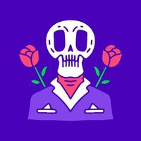 Cool skull in tuxedo with crossed flowers cartoon, illustration for t-shirt, sticker, or apparel merchandise. With modern pop and retro style. vector