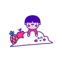 Kawaii kid with cloud, pineapple, and apple fruit, illustration for t-shirt, sticker, or apparel merchandise. With modern pop and retro style. vector