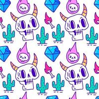 Trendy wild skull, cactus, and diamond seamless pattern, illustration for background or apparel merchandise. With modern pop and retro style. vector
