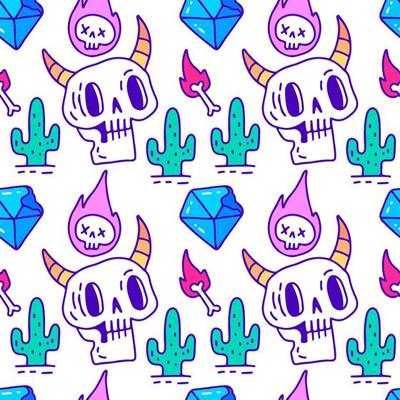 Trendy wild skull, cactus, and diamond seamless pattern, illustration for background or apparel merchandise. With modern pop and retro style.