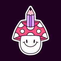 Cute mushroom character with pencil cartoon, illustration for t-shirt, sticker, or apparel merchandise. With modern pop style. vector