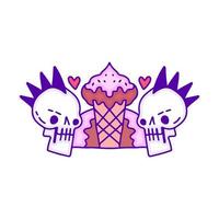 Cute punk skull with ice cream doodle art, illustration for t-shirt, sticker, or apparel merchandise. With modern pop style. vector