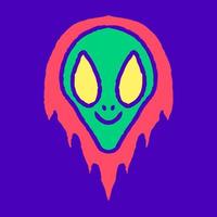 dibujos animados de garabatos de cabeza alienígena en llamas, ilustración para camisetas, pegatinas o prendas de vestir. con pop moderno y estilo retro. vector