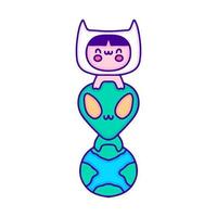Cute baby in cat costume with alien and earth planet doodle art, illustration for t-shirt, sticker, or apparel merchandise. With modern pop and kawaii style. vector