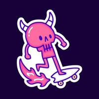 Cute Devil Skull Riding Skateboard Cartoon, ilustración para camisetas, pegatinas o prendas de vestir. con pop moderno y estilo retro. vector