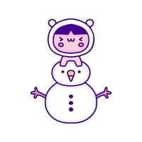 Cute baby in animal costume with snowman doodle art, illustration for t-shirt, sticker, or apparel merchandise. With modern pop and kawaii style. vector