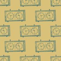 Chess clock engraved seamless pattern. Retro watch for chess game in hand drawn style. Sketch texture for fabric, wallpaper, textile, print, title, wrapping paper. Vector illustration.