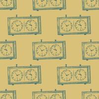 Chess clock engraved seamless pattern. Retro watch for chess game in hand drawn style. Sketch texture for fabric, wallpaper, textile, print, title, wrapping paper. Vector illustration.